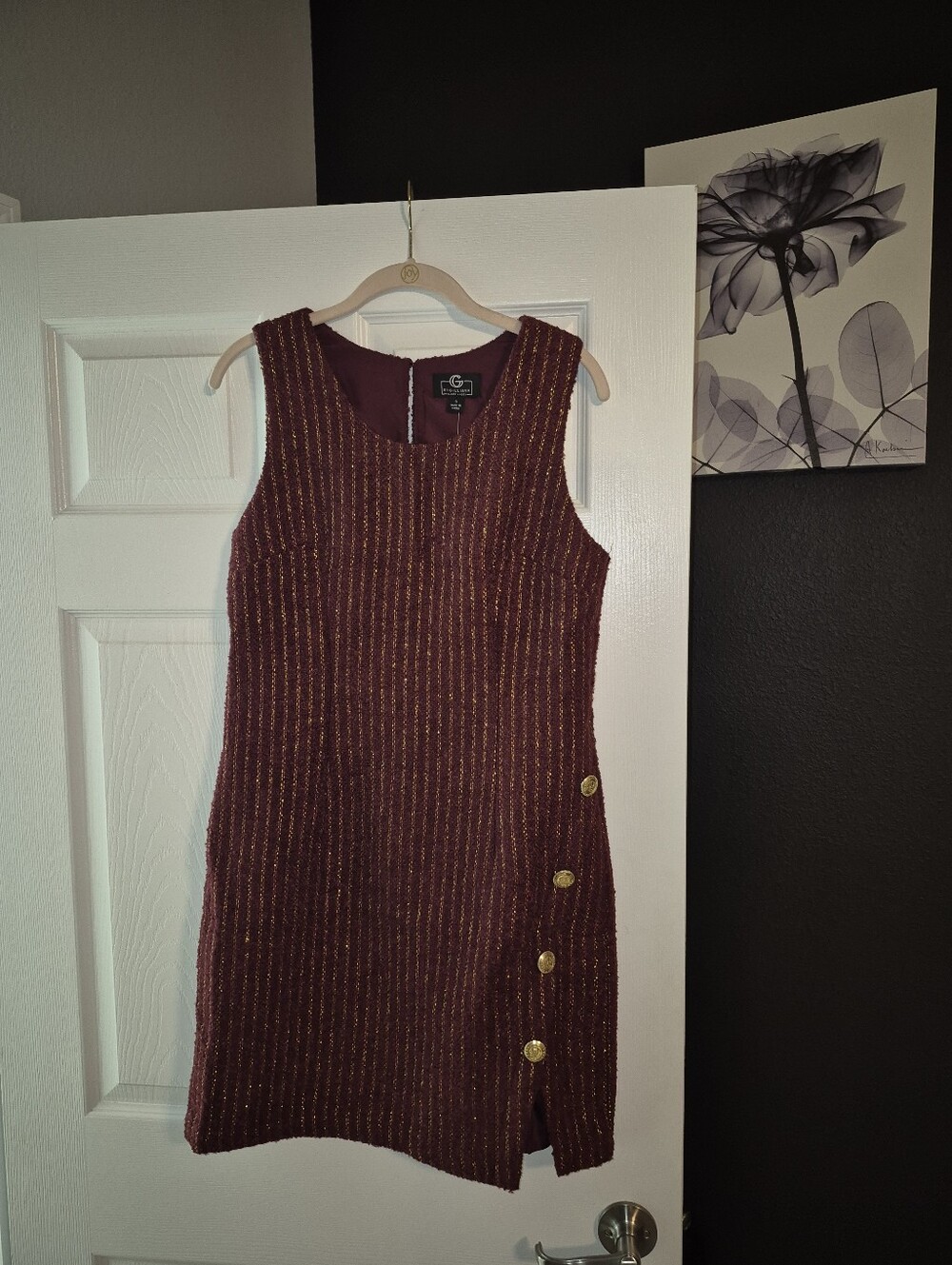 Gilli Maroon Tweed Sheath Dress with Gold Buttons